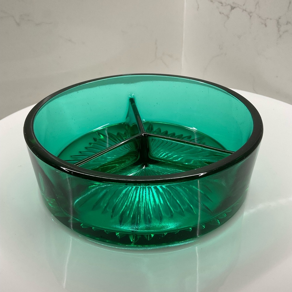 Vintage Teal Green Glass Divided Dish Trinket Vanity Retro Starburst Relish